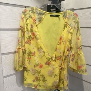 Ralph Lauren Yellow Floral Wrap Overlap Top for Women. Size Small